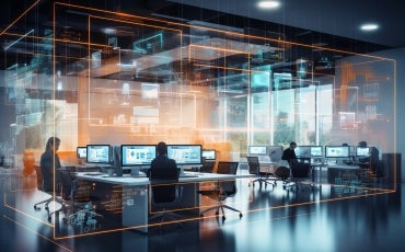 A modern office with several people working at computer stations, surrounded by transparent digital screens displaying data, graphs, and technological interfaces in a futuristic setting.