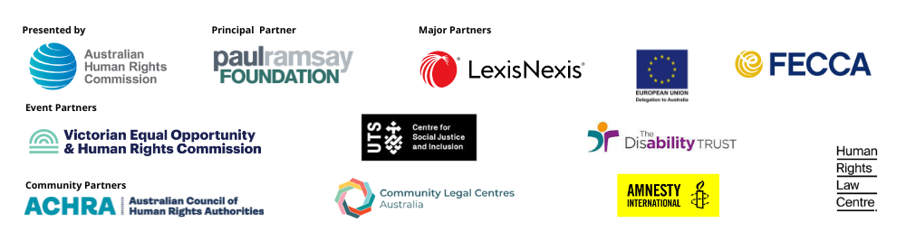 A series of logos of event sponsors and partners including Paul Ramsay Foundation, LexisNexis, European Union Delegation to Australia, FECCA, VHREOC, UTS Centre for Justice and Inclusion, The Disability Trust, Amnesty International, Human Rights Law Centre, Community Legal Centres Australia, Australian Council of Human Rights Authorities