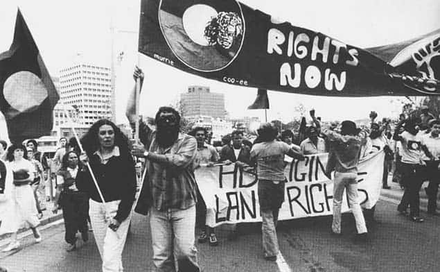 A photograph of a land rights protest in Australia in the 1980s.