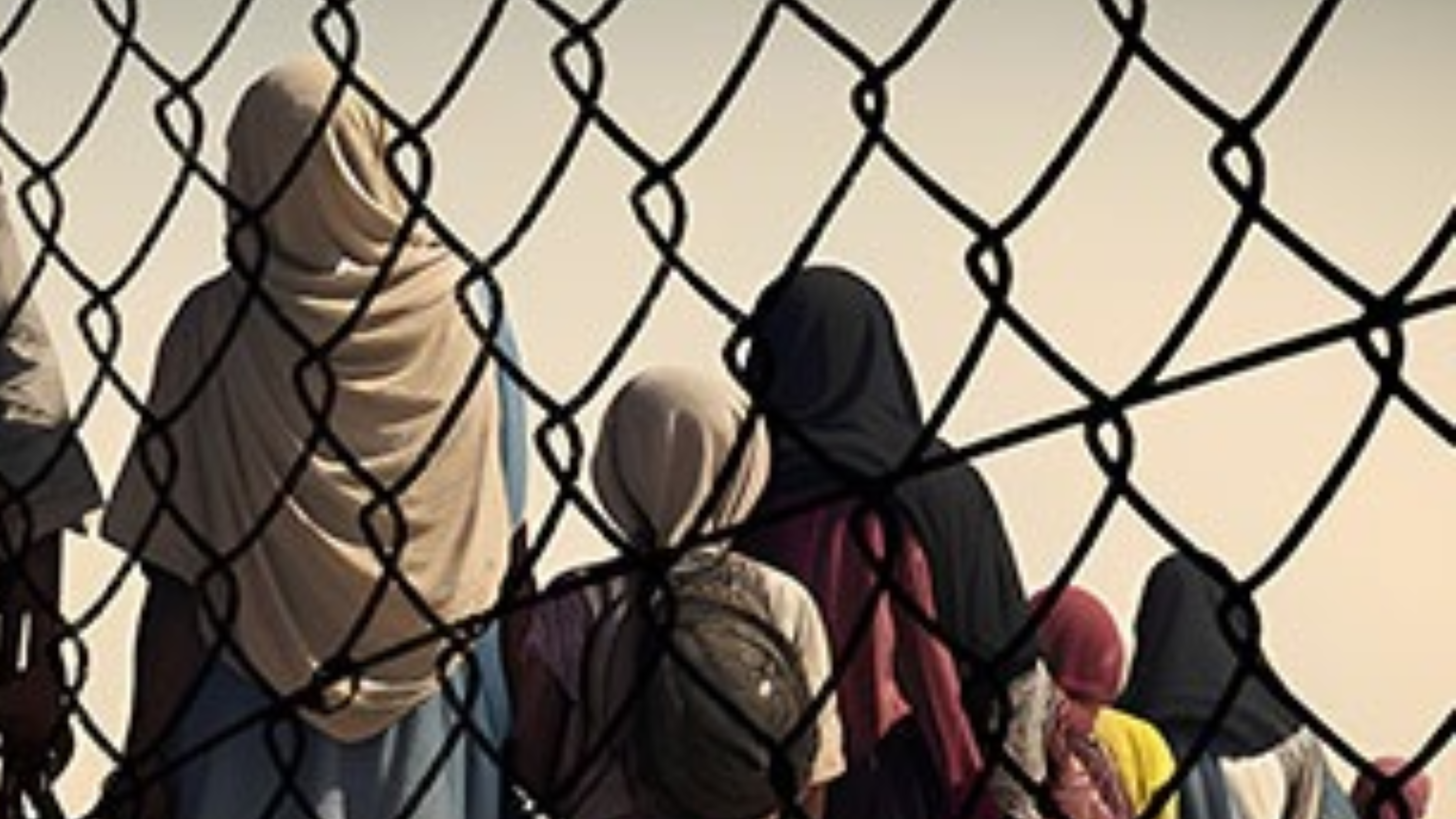 40 Years Refugee 3 Women in robes and headscarves behind mesh fencing