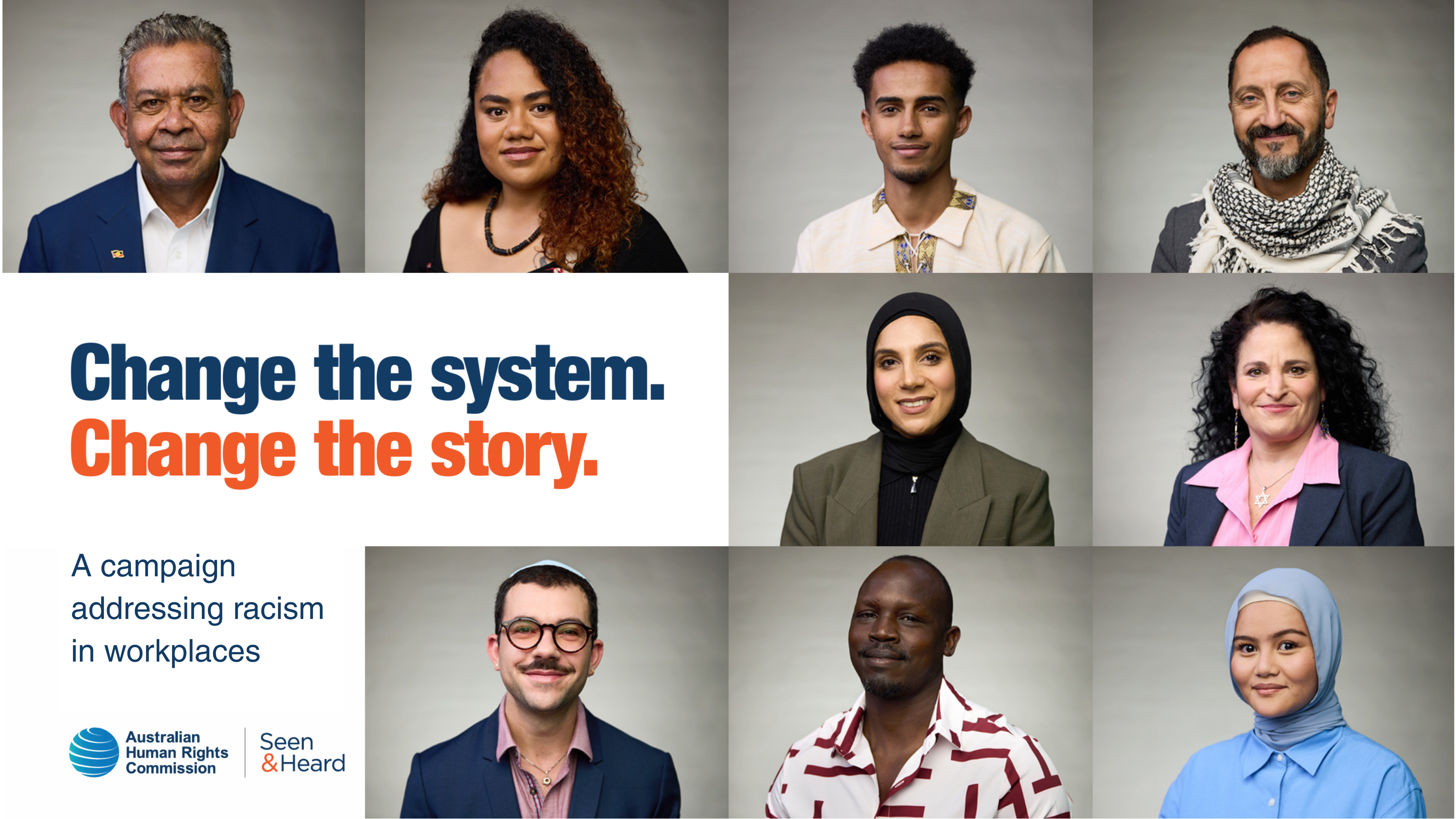 9 faces of people from diverse cultural backgrounds surround text which reads: Change the system. Change the story.  