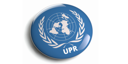 The while United Nations logo on a blue badge with the letters UPR underneath