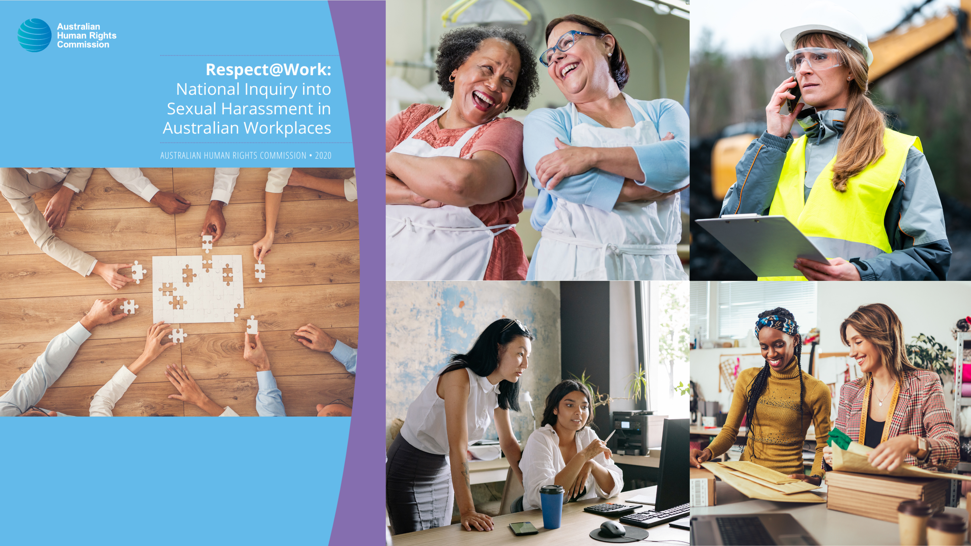Cover of Respect@Work report with compile of images of women at work
