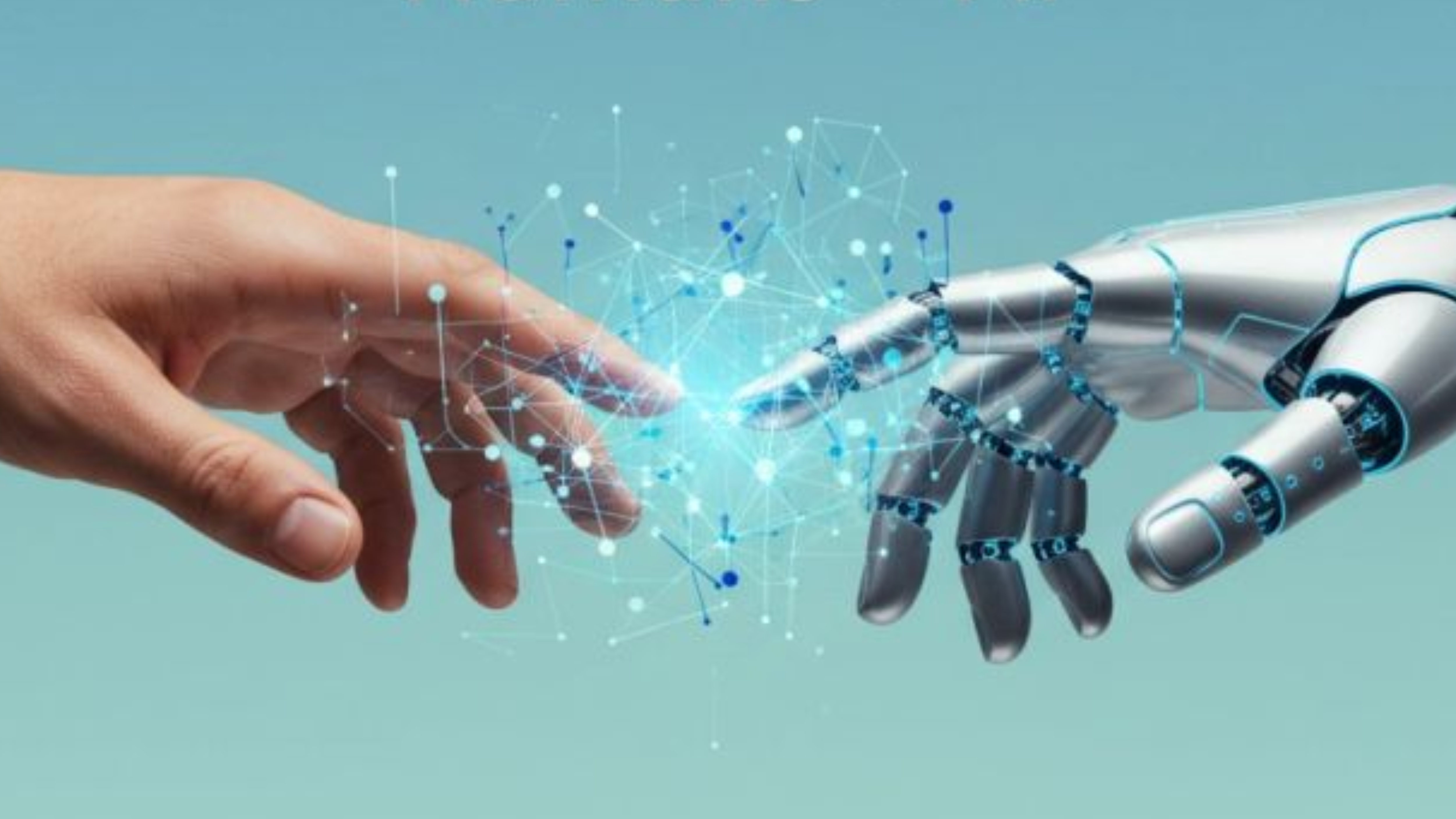 a human hand and a robotic/digital hand and reaching out and touching each other