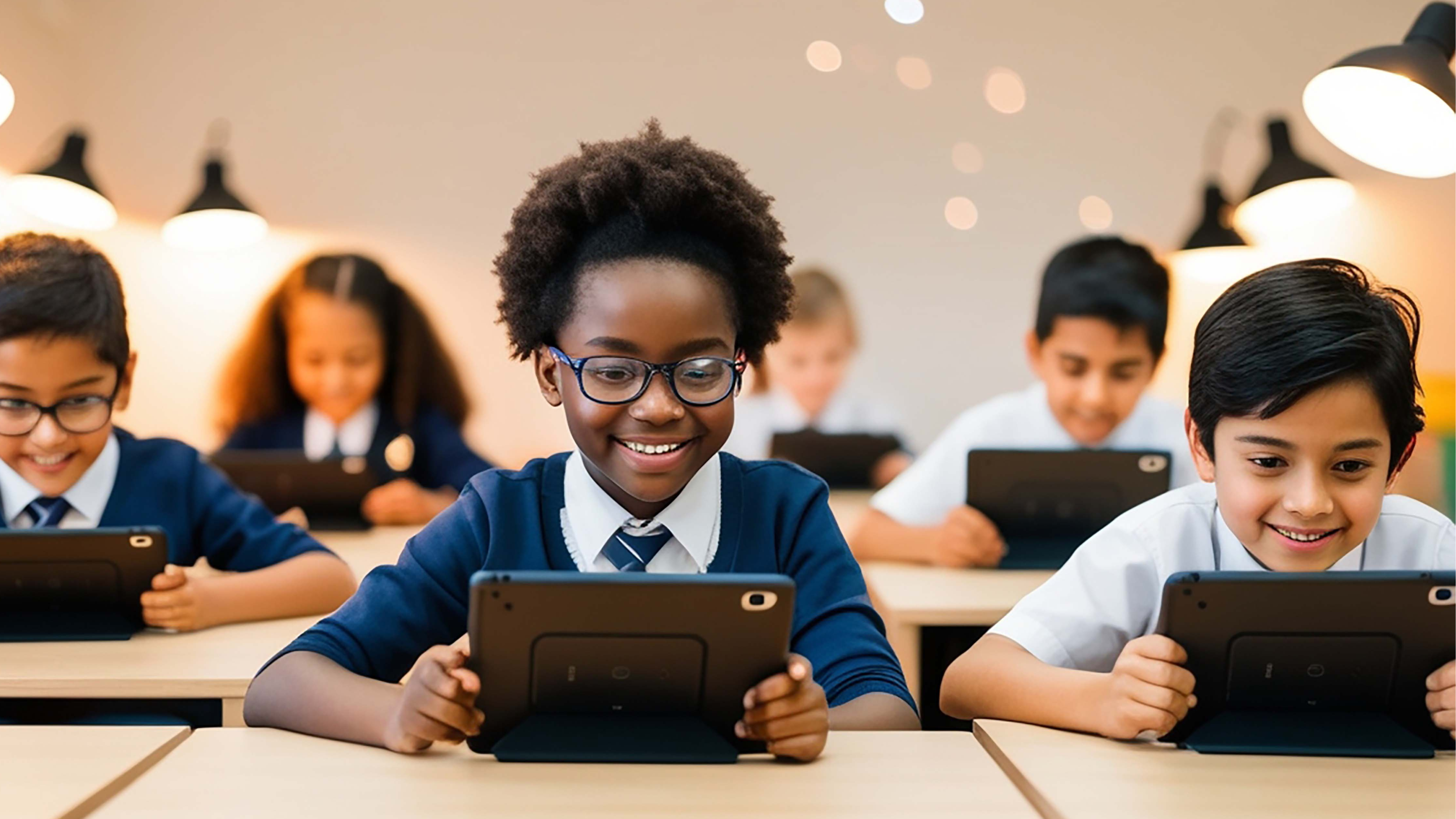 young school children of various cultural background in a classroom with digital tablets