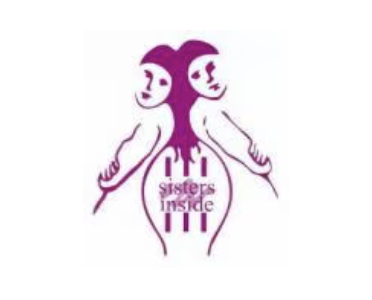 Stylised purple line drawing of two women back to back, with their arms linked behind bars. The text sisters inside appears between them, suggesting support and solidarity.