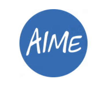 Blue circle with the word AIME written in white, casual handwritten-style letters in the centre.