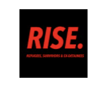 Black square with bold red text RISE. above smaller red text reading REFUGEES, SURVIVORS EX-DETAINEES.