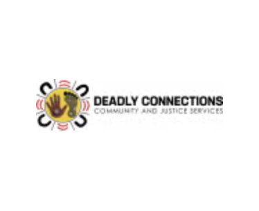 Logo for Deadly Connections Community and Justice Services, featuring a central circular design with handprints and wave motifs, alongside the organisation's name in bold text.