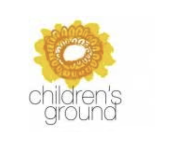 The image shows a stylised yellow and orange flower above the words childrens ground in lowercase letters.
