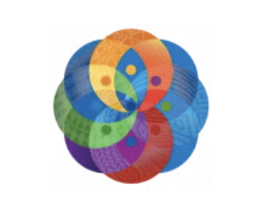 Colourful overlapping circles with various patterns and black dots, creating a vibrant, symmetrical abstract design on a white background.