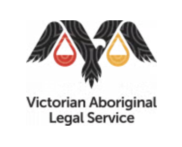 Logo of the Victorian Aboriginal Legal Service showing a stylised black bird with patterned wings, holding a red and a yellow droplet. The organisation’s name appears below the image.