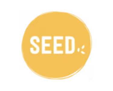 A yellow circle with the word SEED in bold white capital letters in the centre. A small, stylised sprout design appears to the right of the text.