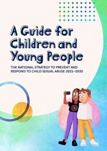 Cover of a guide titled A Guide for Children and Young People, featuring two cartoon children taking a selfie, colourful circles, and text about a strategy to prevent and respond to child sexual abuse 2021âEUR