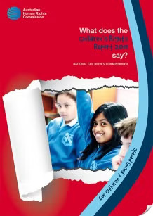 Cover of a report with red and blue design, showing three school-aged children smiling in a classroom. Text reads: What does the ChildrenâEURTMs Rights Report 2014 say? National ChildrenâEURTMs Commissioner. For children young people.