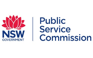 Logo of the NSW Government Public Service Commission featuring a red waratah flower on the left and the organization's name in blue text on the right.