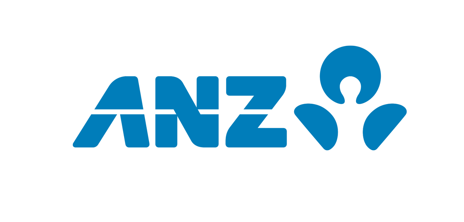 The ANZ logo in blue, featuring the letters ANZ and a stylized abstract symbol of three shapes forming a person with outstretched arms on a white background.