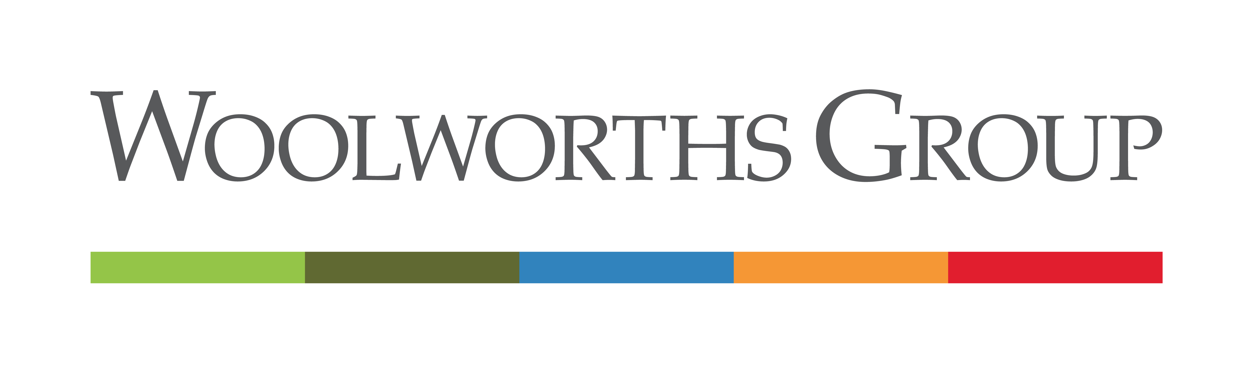 The Woolworths Group logo features the company name in black capital letters above a row of five horizontal color blocks: green, olive, blue, orange, and red, on a white background.