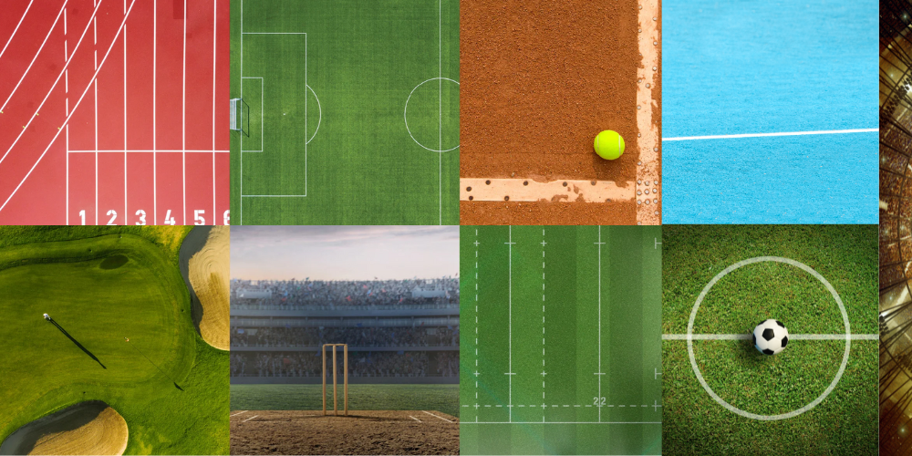A collage of eight sports pitches and courts: running track, football pitch, tennis court, blue hard court, golf green, cricket pitch, rugby pitch, and a football on the centre circle.