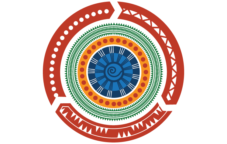A circular design with a blue spiral center, surrounded by blue segments, a yellow ring with red dots, a green ring, and a red background.