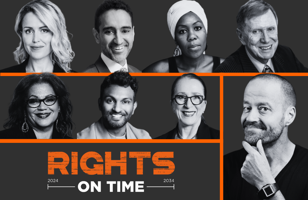 A collage of seven diverse people in black and white portraits, with the text 