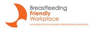 Logo with an orange abstract shape and the words Breastfeeding Friendly Workplace, Accredited by the Australian Breastfeeding Association.