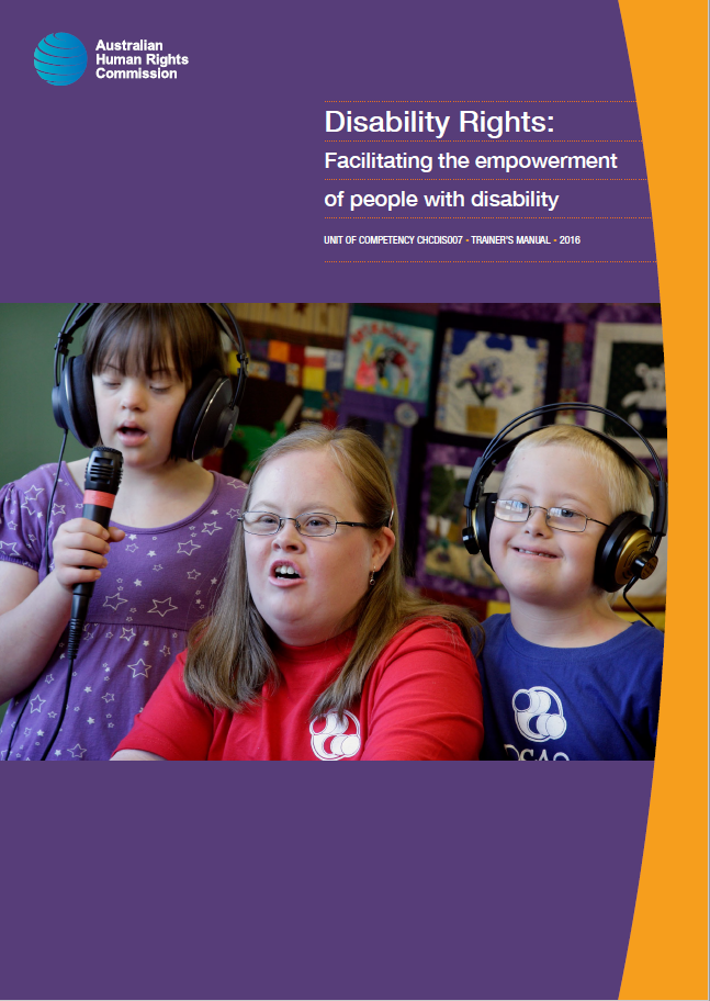 VET_20disability_20rights_20cover.PNG Three children with disabilities, two wearing headphones, sing and smile in a colourful classroom. The image is featured on the cover of a Disability Rights training manual by the Australian Human Rights Commission.