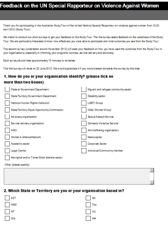unsrvaw_report_201201.jpg A feedback form titled Feedback on the UN Special Rapporteur on Violence Against Women, with checkboxes to select organization type and region, and two large blank comment fields for written responses.