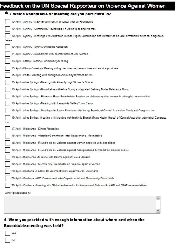 unsrvaw_report_201202.jpg A feedback form titled Feedback on the UN Special Rapporteur on Violence Against Women asks participants to select which roundtable or meeting they attended from a checklist of various events, and whether they received sufficient information.