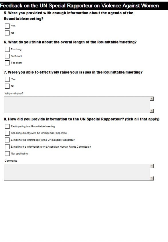unsrvaw_report_201203.jpg Screenshot of a feedback form about a UN Special Rapporteur meeting on violence against women, including yes/no questions, a multiple-choice question, and a text box for additional comments.