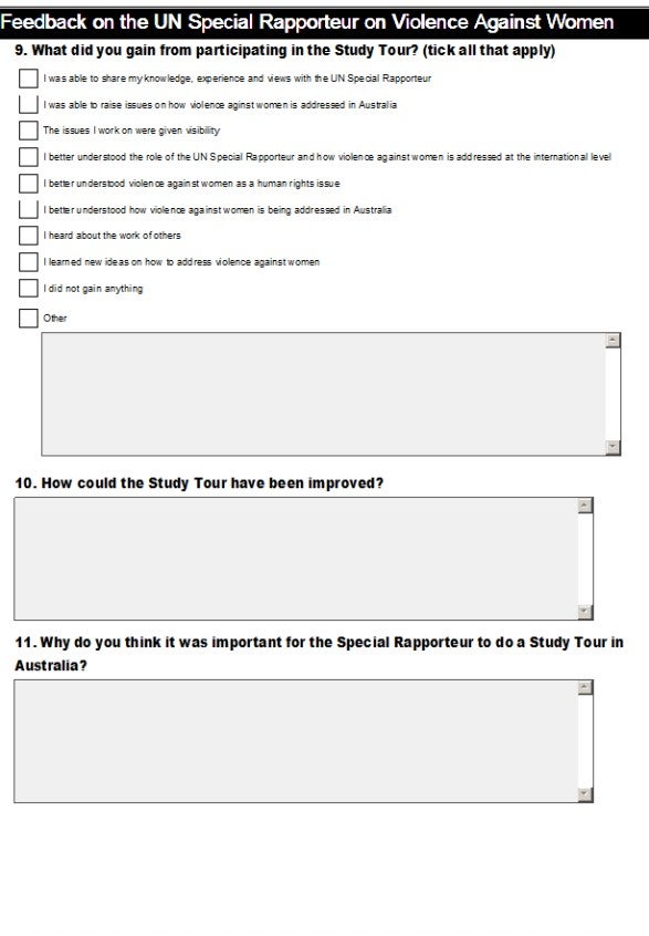 unsrvaw_report_201204.jpg A feedback form titled Feedback on the UN Special Rapporteur on Violence Against Women with checkboxes for learning outcomes, followed by open-ended questions about improving the study tour and its importance in Australia.