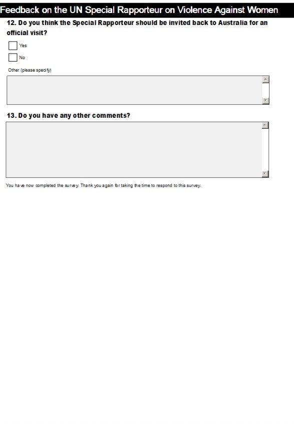 unsrvaw_report_201205.jpg A survey form asks if the UN Special Rapporteur should be invited back to Australia for an official visit, with checkboxes for Yes and No, a space to specify, and a box for additional comments.