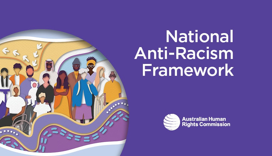 Cover National Anti-Racism Framework featuring drawing of large group divers in age, colour and background