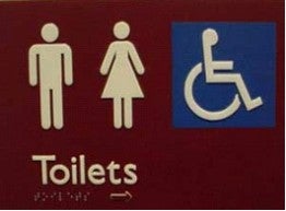 Male and Female Toilets sign, including Wheelchair sign