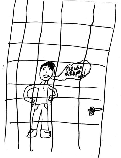 Children's drawing of a boy behind bars with a speech bubble saying 'Please help us'