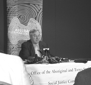 Dr William Jonas speaks to members of the media at the launch of the 2001 Social Justice and Native Title Reports
