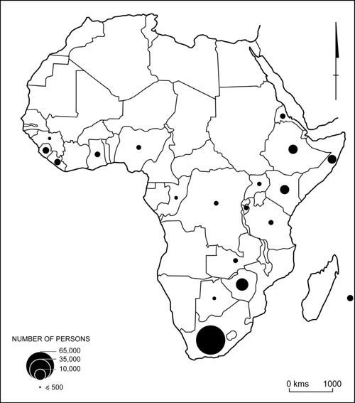 Africa: Birthplace of settler arrivals, 1993-2008