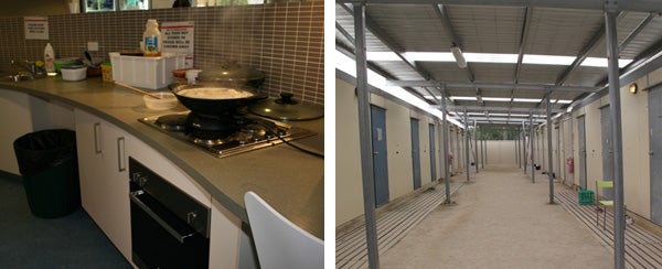 Left: kitchen, Banksia unit, Villawood Immigration Detention Centre; right: old accommodation quarters, Melbroune Immigration Transit Accomodation.