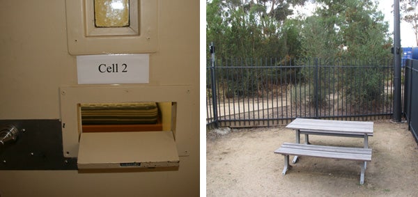 Left: downstairs, Murray unit – restrictive place of detention used for behavioural management; right: enclosed courtyard, Maygar annexe, Melbourne Immigration Transit Accomodation. 