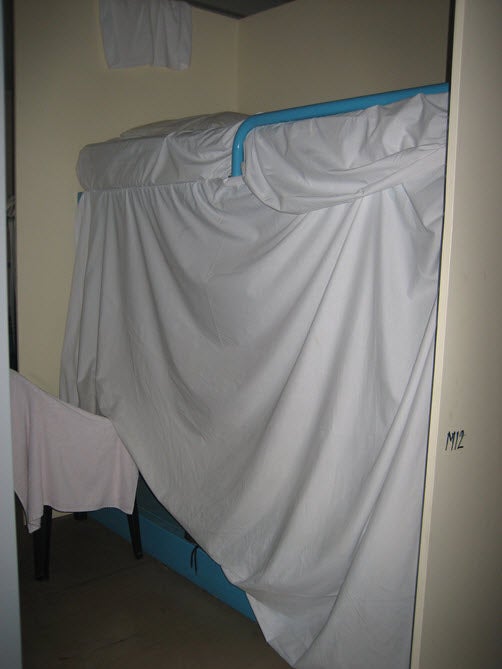 Sheet hung over bunk bed to create privacy, Dormitory 2, Blaxland compound, Villawood IDC