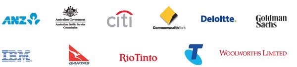 Logos of MCC companies - ANZ, APSC, Citi, CBA, Deloitte, Goldman Sachs, IBM, QANTAS, RioTinto, Telstra, Woolworths