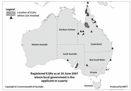 Registered Indigenous land use agreements where a local government authority is an applicant or a party on map of Australia