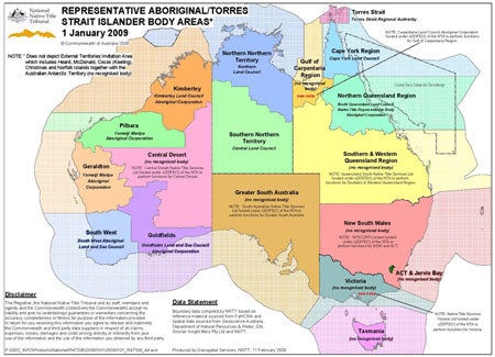 A map of Australia showing Representative Aboriginal/Torres Strait Islander Body Areas 1 January 2009