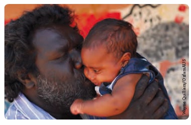 Indigenous father and child. Photo by Wayne Quilliam for Oxfam Australia