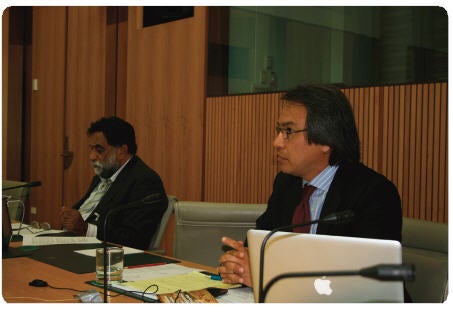 Right to Left: Professor S James Anaya (UN Special Rapporteur) and Les Malezer (Foundation for Aboriginal and Islander Research Action) at a public forum hosted by the Indigenous Peoples’ Organisations Network of Australia and the Australian Human Rights Commission on 3 December 2008. Photo: Julia Mansour (2008)