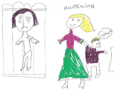 Drawing of a girl behind bars looking sad while a Mum looking happy holds hands with her child outside. The caption 'Australian' is above her head.