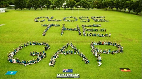 Aerial shot of people forming the words 'Close the Gap' in a field