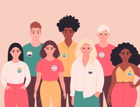 cartoon of seven people standing and facing the camera with LGBTIQ+ badges on their shirts