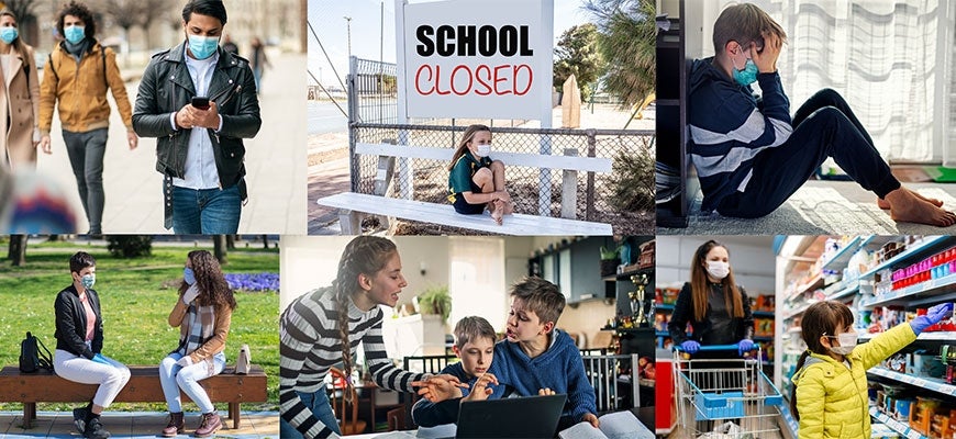 Collage of children of all ages wearing masks, walking, shopping, crying. A sign "school closed"