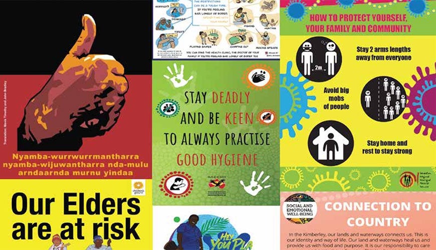 collage of COVID-19 posters from Aboriginal and Torres Strait Islander communities